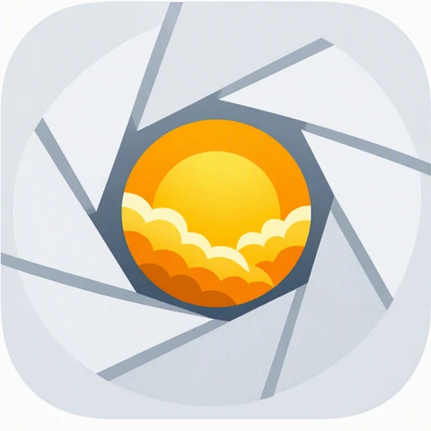 App-Icon Fotografenwetter – Kamerablende mit Sonne und Wolken